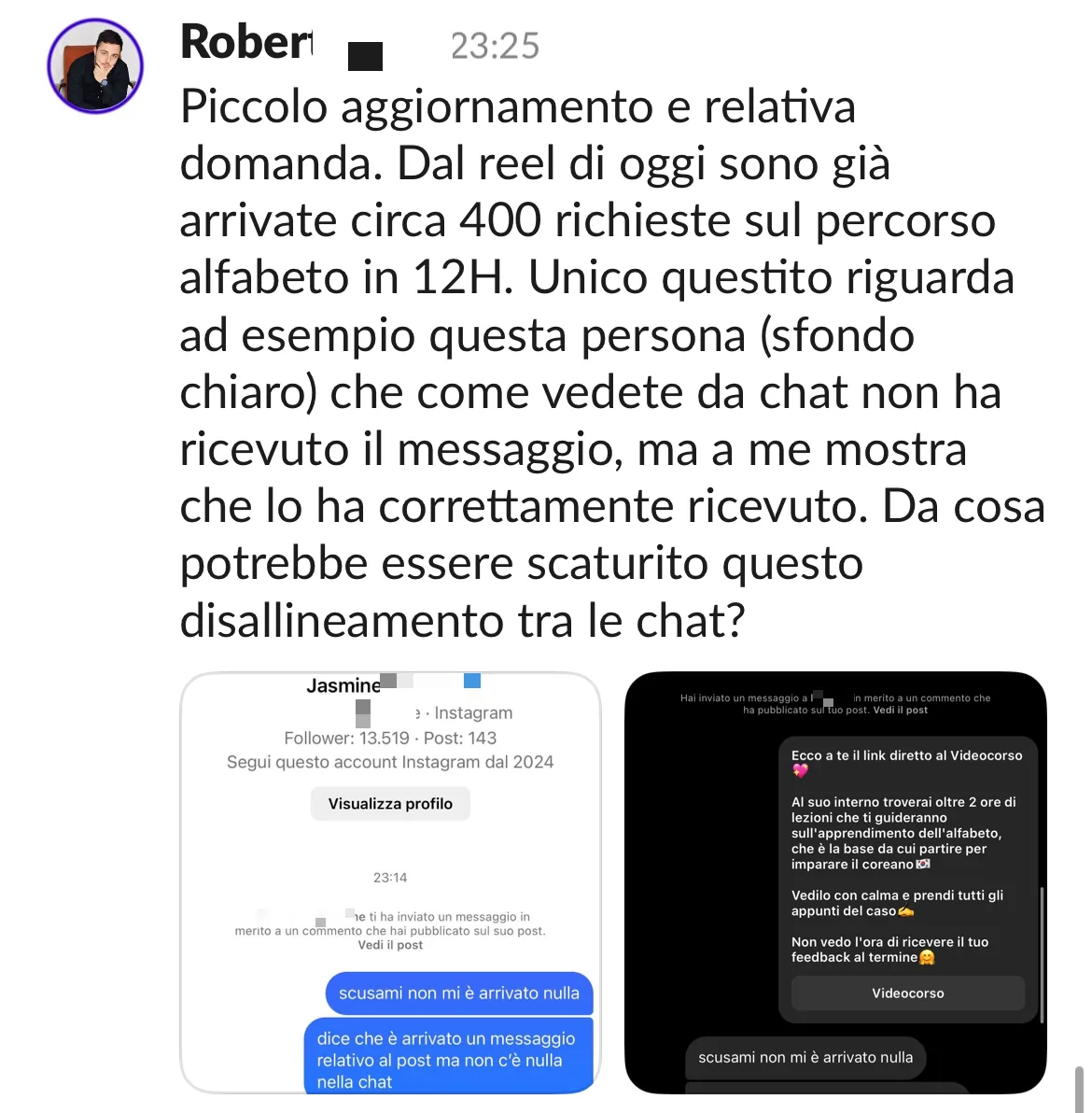 Screenshot dalle chat dei percorsi